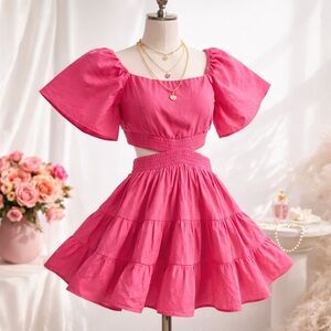 Shy Velvet Pink Cotton Cutout 2-piece Mini Dress M Puff Sleeve Tiered